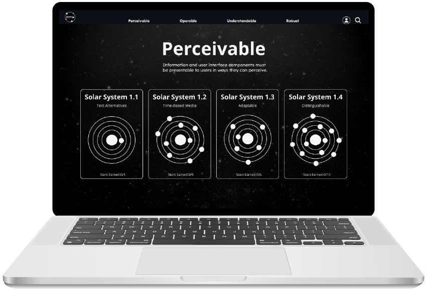 a mockup of the space themed WCAG 2.2 elearning platform